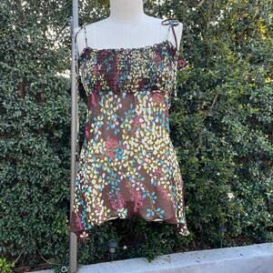 Vintage 2000s Sheer Floral Smocked Floral Y2K Boho Fairy Cami